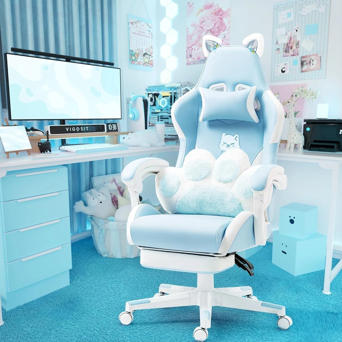 Cat, Dog, Cow Theme Gaming. Chair - Pink, Blue, Green , White PU Leather Ergonomic Reclining Office Chair with Footrest, 310lb Capacity, 6-Position, Customized Available in Multiple Colors.