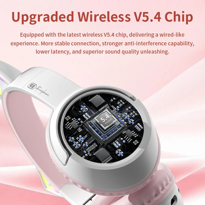 Cute Cat Ear RGB Wireless Headphones, Bluetooth 5.4, 350mAh Battery, 20H Playtime, Foldable Over-Ear Headset with Mic, HiFi Sound Multiple Colors