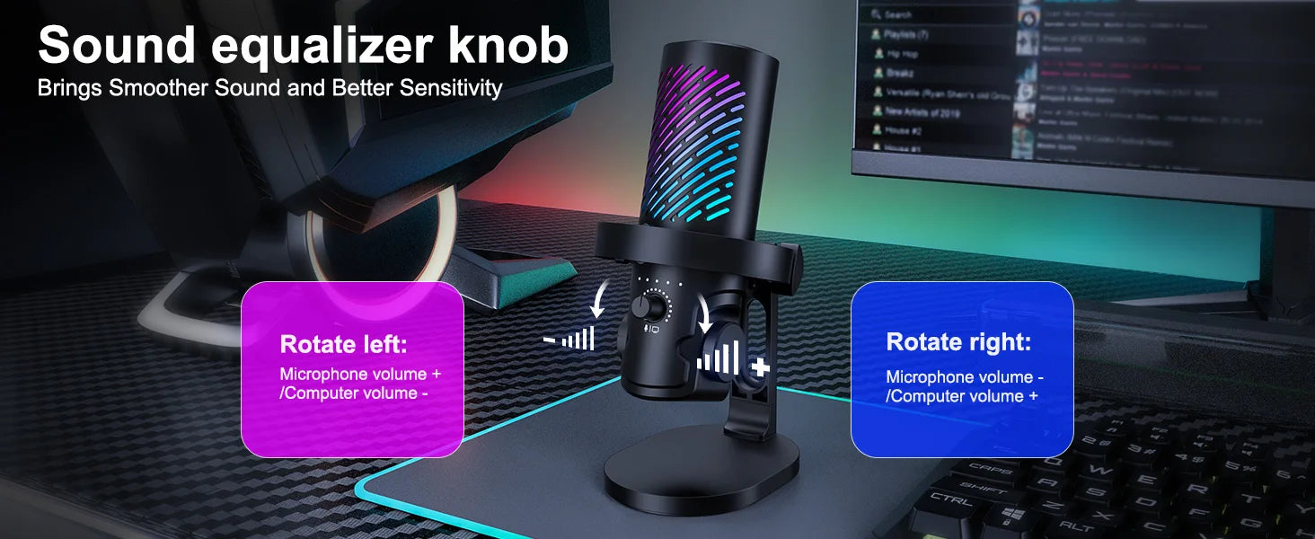 Tenlamp CG1 RGB USB condenser microphone for PC/laptop streaming on desk with adjustable stand and RGB glow.
