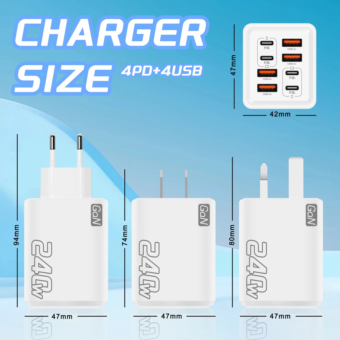 240W GaN USB C Charger 8 in 1 Fast Charging Phone Charger Power Adapter For iPhone Samsung Xiaomi Type C EU/US Plug Wall Charger **Ships from China**
