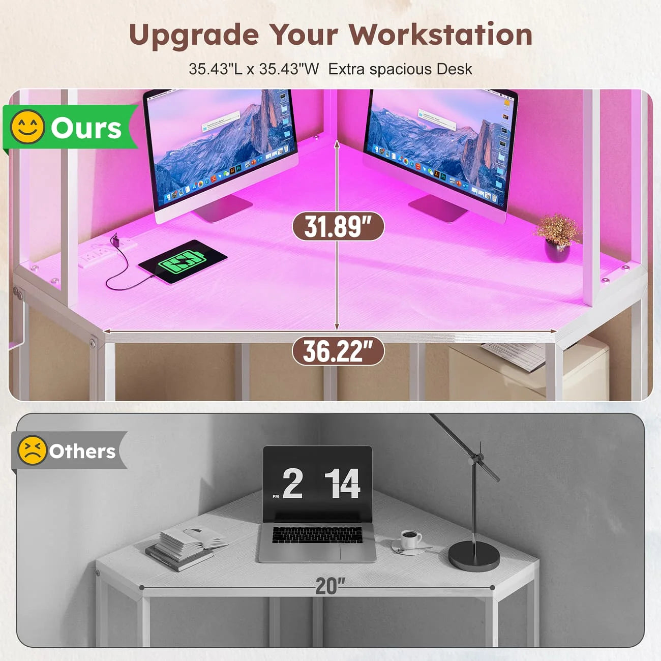Corner Computer Desk with Power Outlets & LED Lights Gaming Desk with Storage Drawers & Shelves and Hook for Small Space