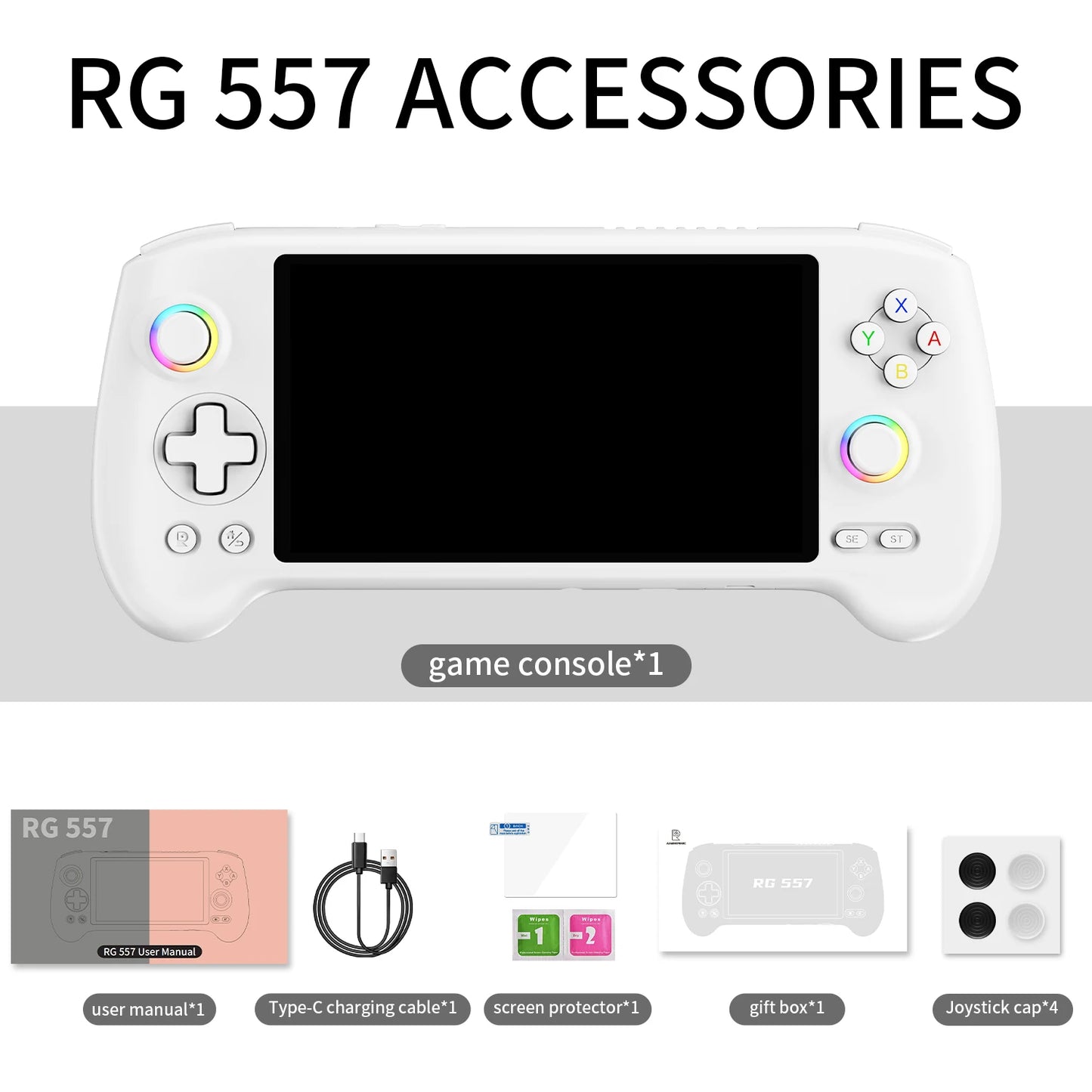 Anbernic RG557 handheld retro game console with AMOLED screen, white body