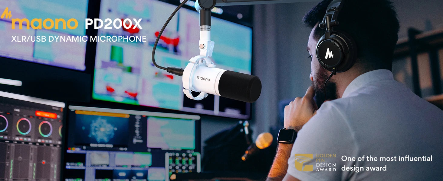 Maono PD200X dynamic RGB USB/XLR microphone in white on a studio boom arm