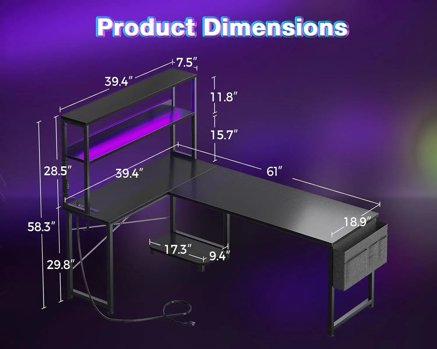 L Shaped Desk Gaming Desk with LED Light & Power Outlet, 61 Inch Reversible L Shaped Computer Table with Shelf,