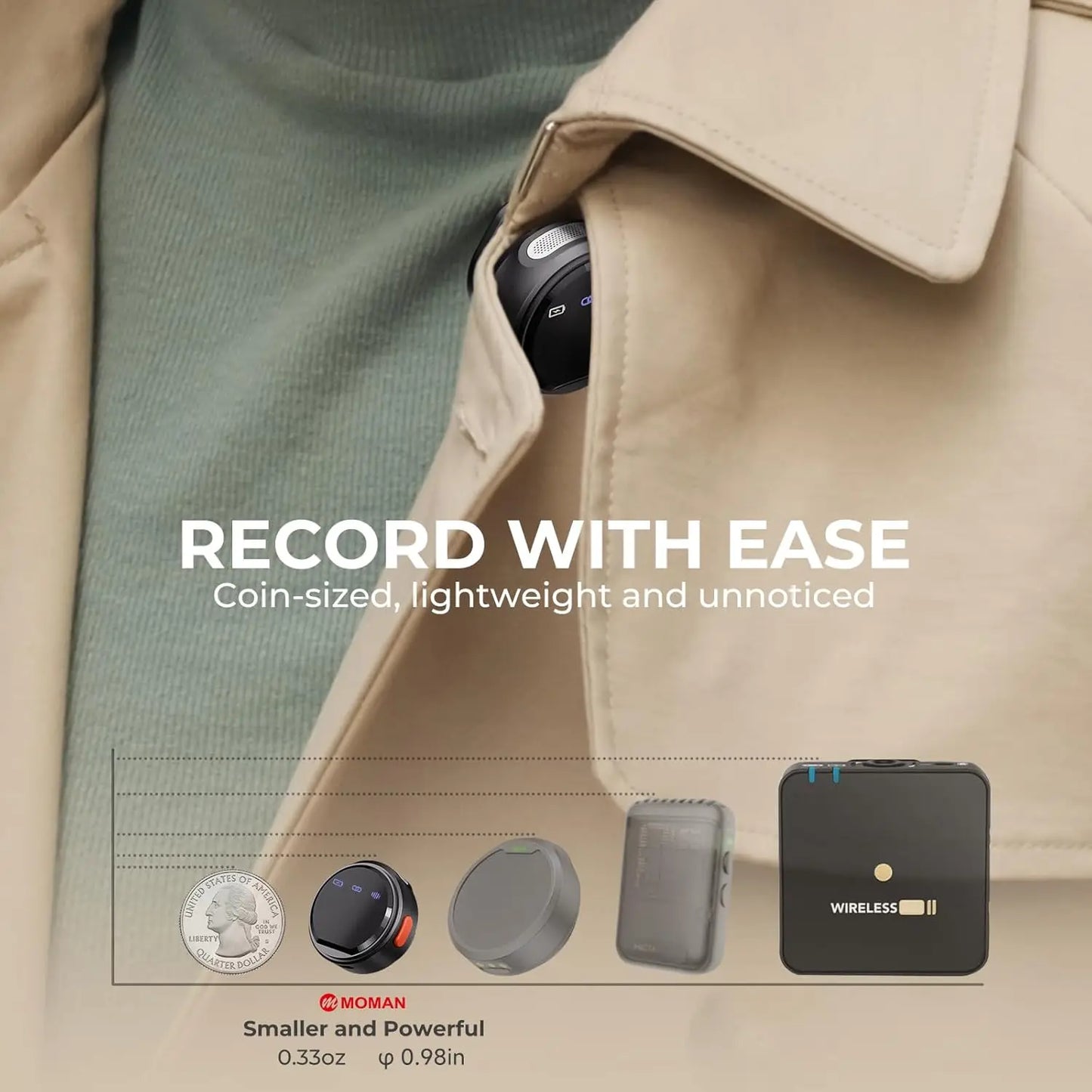 Moman Coin Wireless Bluetooth Lavalier Microphone for iPhone/Android The Smallest 48H 164ft Range Noise Cancellation Mini Clip