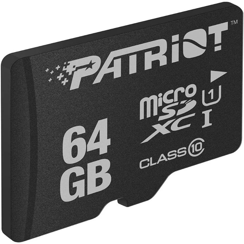 Patriot 64GB microSDXC Class 10 U1 memory card in black with Patriot logo visible, compact portable storage