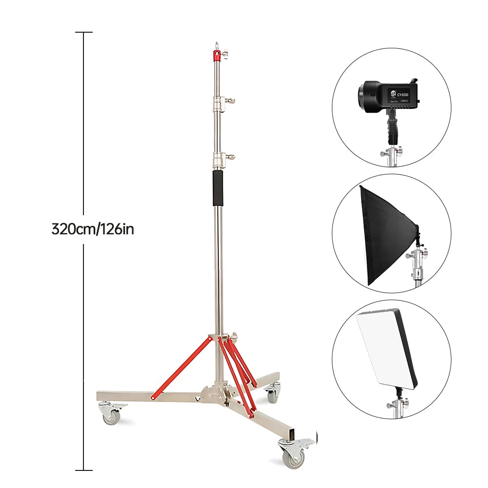 SH 320cm Photography Magic Leg With 3 Wheels All Metal C-Stand Bracket Stainless Steel Tripod For Stainless Steell Arm Crossbar