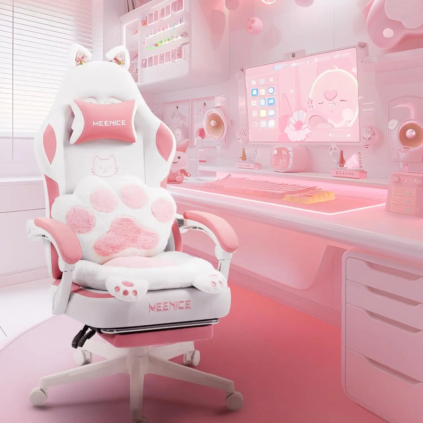 Pink Cute Gaming Chair with Cat Ears & Paw Lumbar Cushion, Ergonomic Reclining Computer Chair with Footrest, Customized Multiple Colors