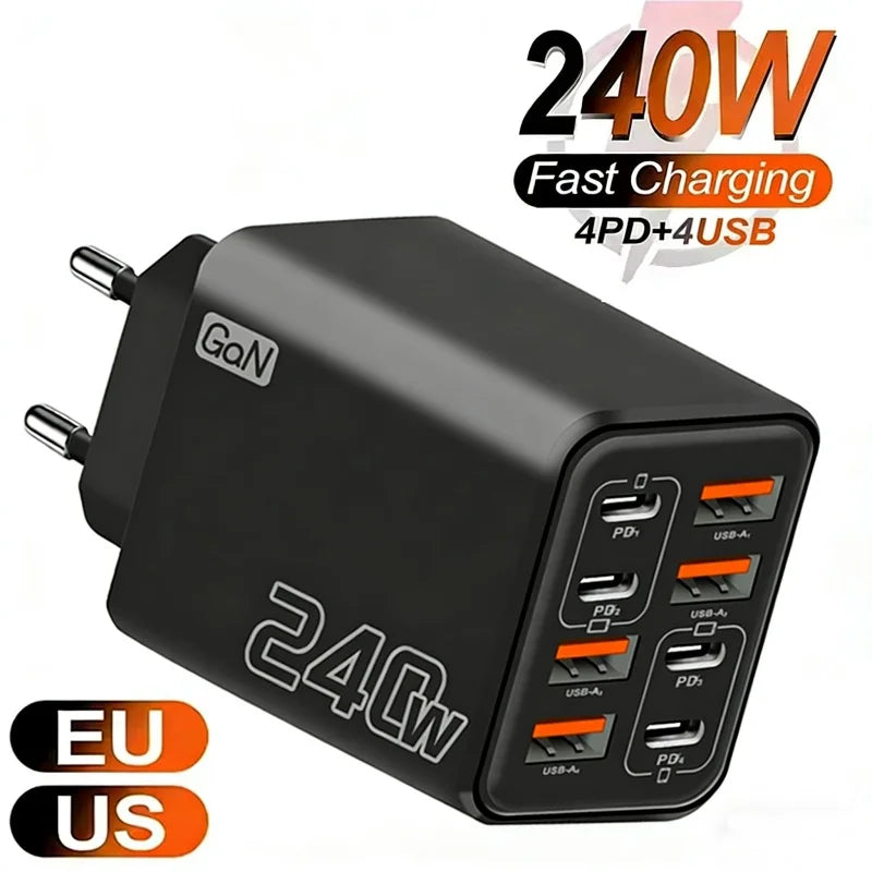 240W GaN USB C Charger 8 in 1 Fast Charging Phone Charger Power Adapter For iPhone Samsung Xiaomi Type C EU/US Plug Wall Charger **Ships from China**