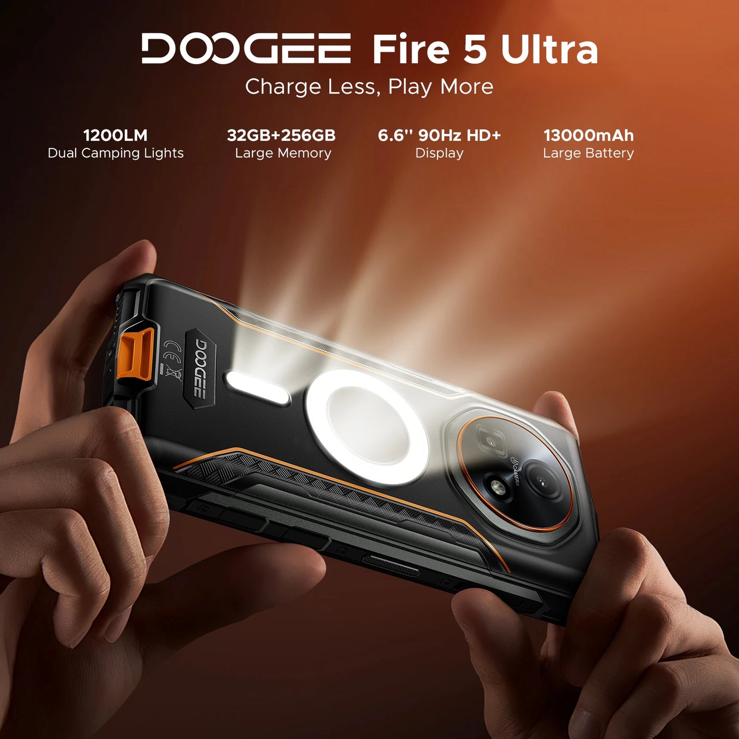 DOOGEE Fire 5 Ultra Dual Camping lights 6.6" Rugged Phone 13000mAh Battery 32GB RAM (8+24) 256GB ROM Google Pay NFC Helio G81