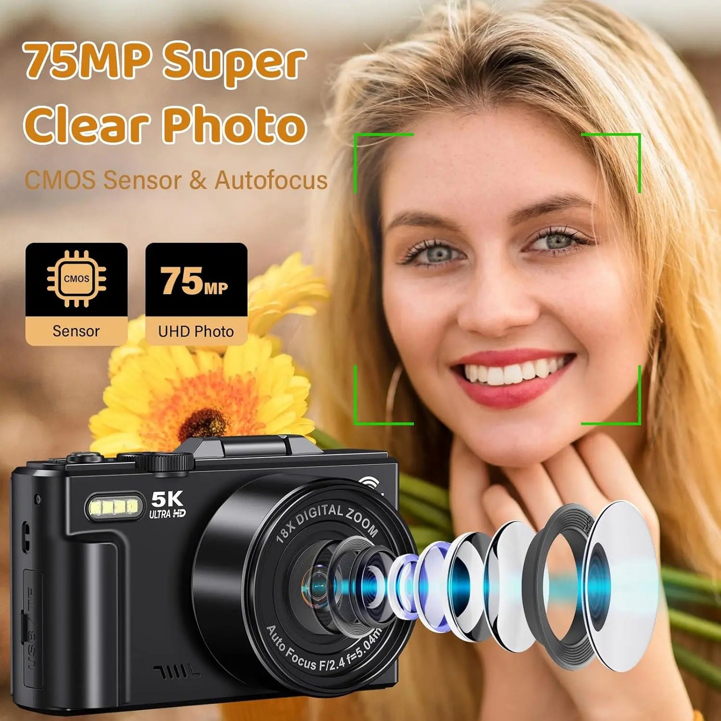 5K UHD Vlogging Camera with 75MP Photo, WiFi Autofocus, 3" 180° Flip Screen, 18X Zoom, 32GB Card & Batteries for YouTube Beginners