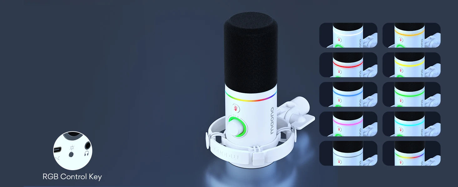 Maono PD200X dynamic RGB gaming microphone with USB/XLR dual mode, white body and RGB ring.