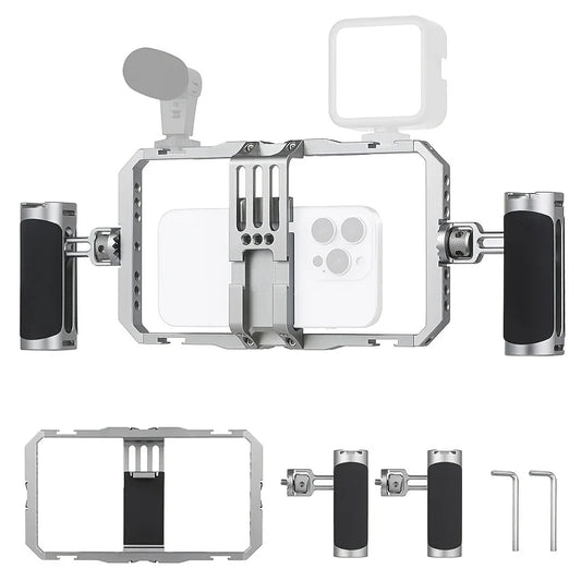 Perfect Take Gear Universal Phone Cage video rig with dual handles, aluminum frame, black grip pads