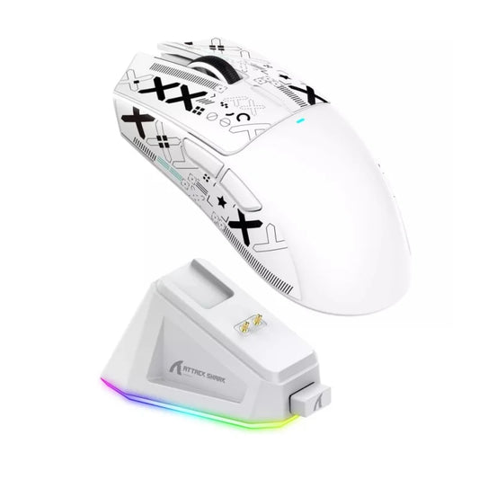 ATTACK SHARK X11 wireless gaming mouse with RGB charging dock; white with graphic pattern, 2-piece set