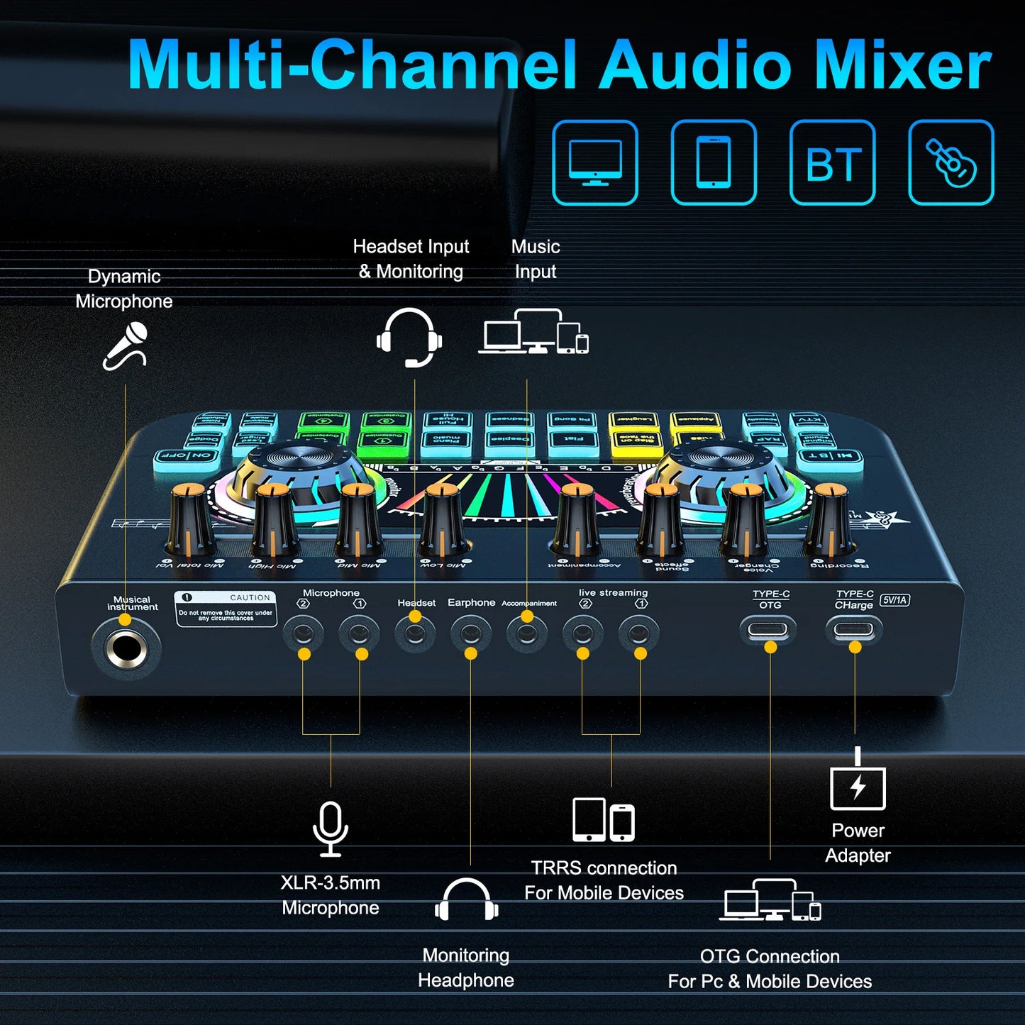 NXG Audio Mixer, Voice Changer, Noise Reduction, Lead Vocal Podcast Mixer Sound Card, 3.5Mm/6.35Mm Dynamic Microphone Audio Interface, for Pc/Phone Live Streaming Gaming Live Sound Card (Black)