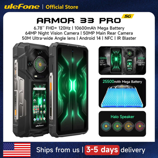 Ulefone Armor 33 Pro rugged Android smartphone with 25500mAh battery, 512GB ROM, 6.78-inch FHD+ display, 120Hz, NFC