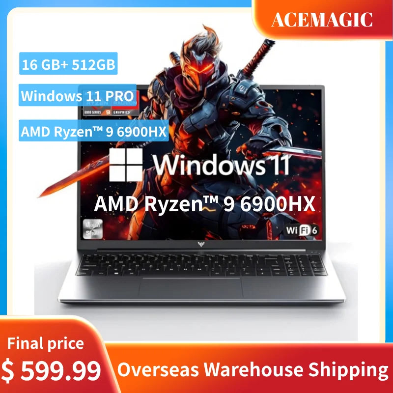 ACEMAGIC 16" FHD Laptop AMD Ryzen 9 6900HX Laptop 16GB LPDDR5 RAM 512GB SSD Backlit Keyboard Full-Featured Office Gaming Notebook