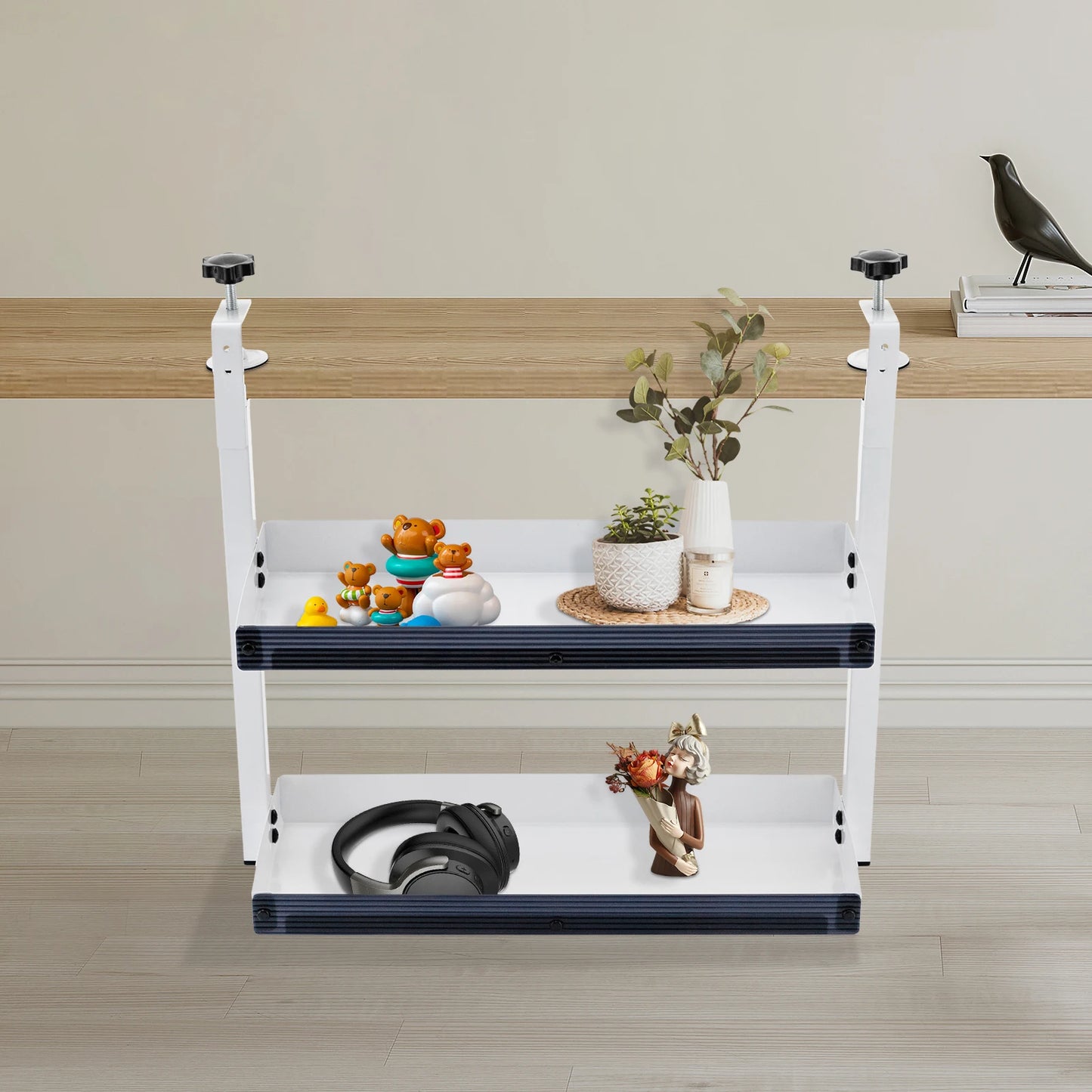 Carbon Steel Two-Tier Desk Shelf with Clamping Mount for Monitor
