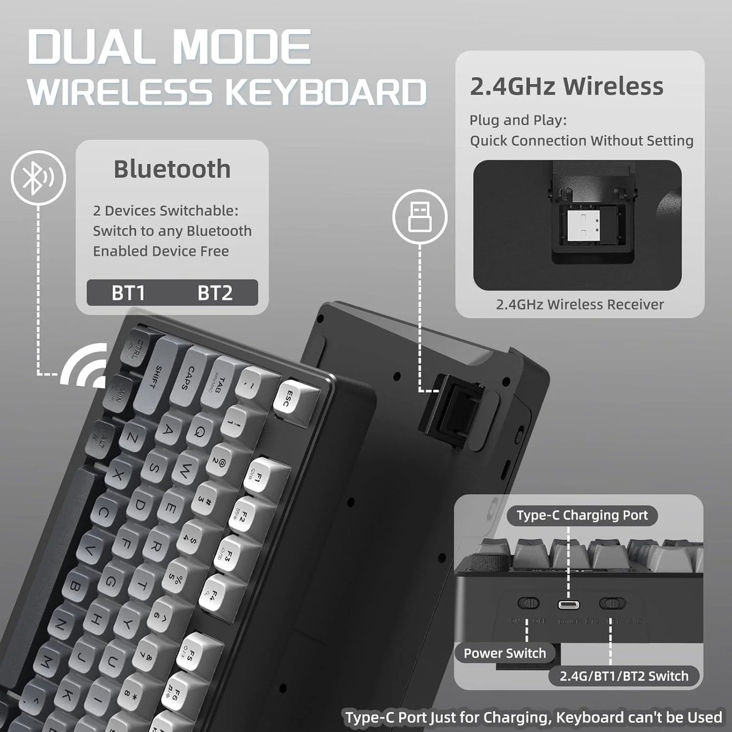 M96 Wireless Gaming Keyboard Creamy Membrane with Rainbow Backlight, Media Knob, LCD Screen, Dual Mode-Bluetooth/2.4Ghz,Ball Shape, Multiple colors