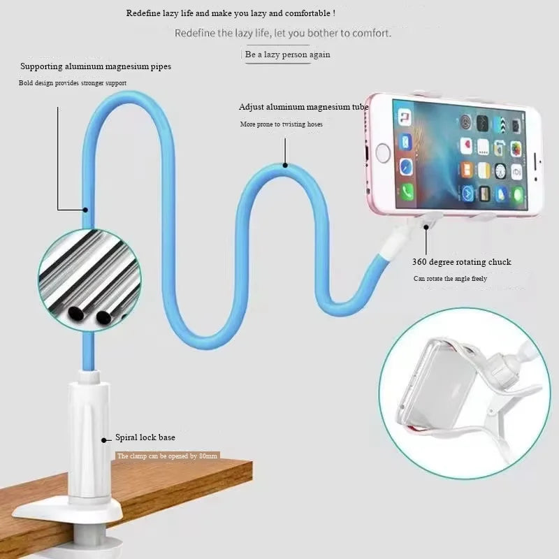 Universal Lazy Phone Holder Clip Stand, blue flexible arm with plastic clip base for bed or desk by Perfect Take Gear.