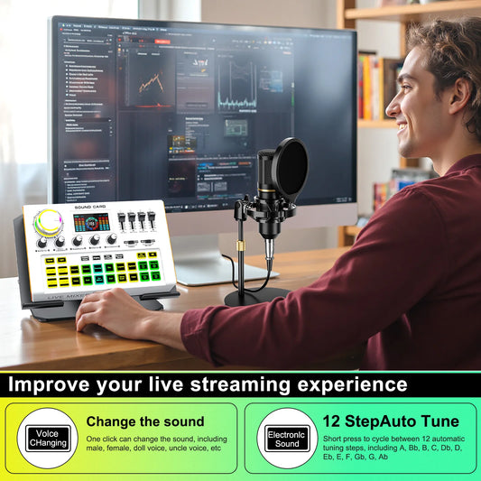 Y300-BM800 Podcast Microphone Bundle with Live Sound Card Audio Mixer, Podcast Equipment Bundle Sound Board with 3.5mm