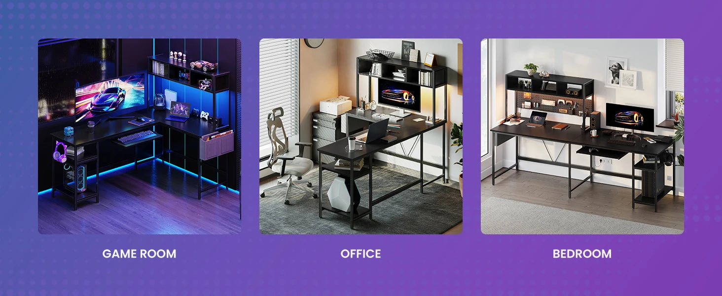 JHK 67in L-shaped gaming desk with LED lighting, keyboard tray, storage shelf, reversible; black metal frame