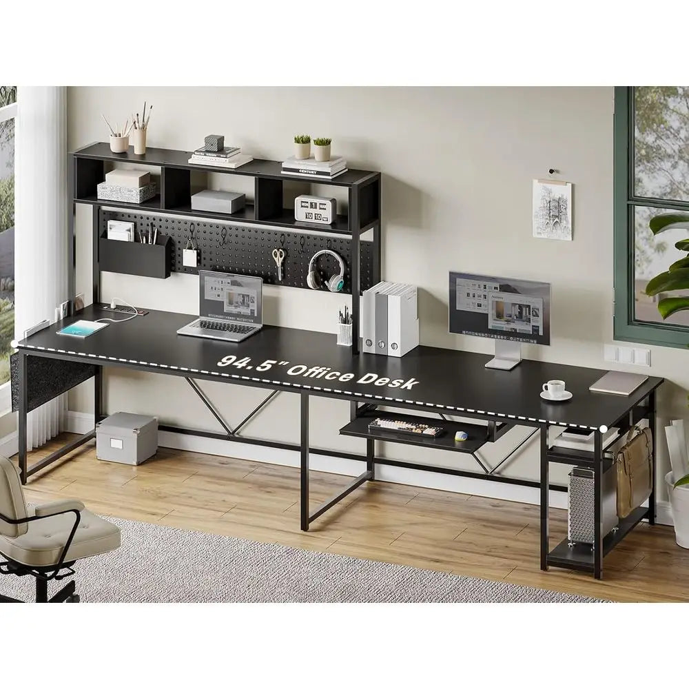 Black L-Shaped Gaming Desk with Reversible Surface, Power Outlet, LED Lights, and Storage Solutions