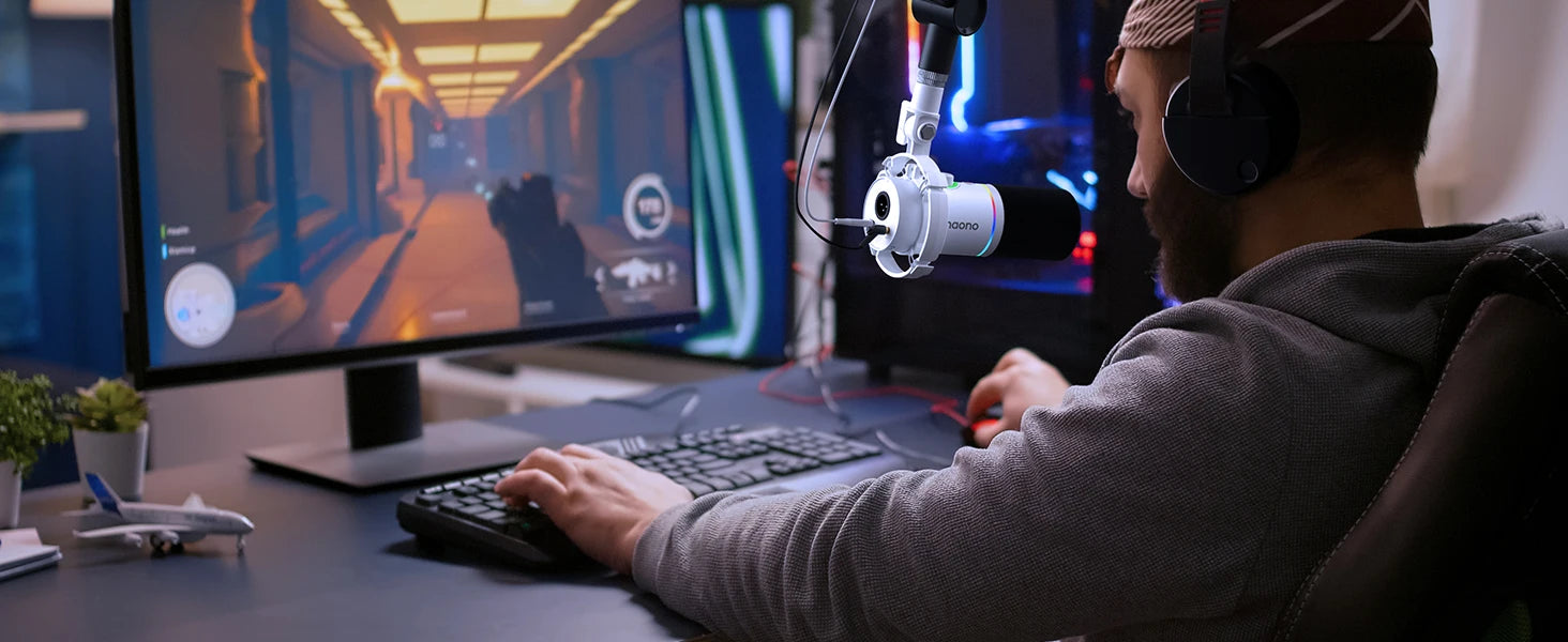 Maono PD200X dynamic RGB gaming microphone on boom arm; USB/XLR dual mode