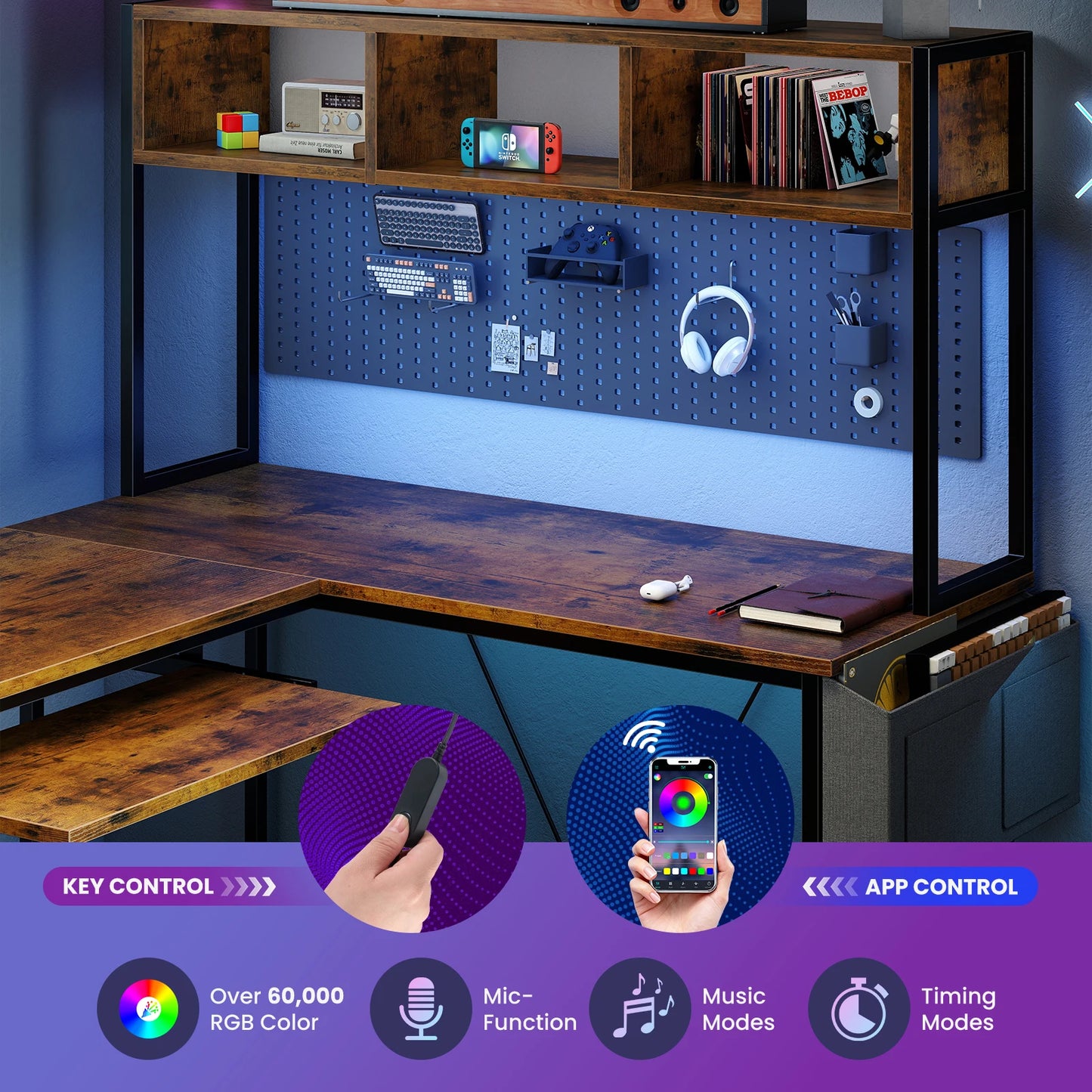 JHK 67-inch L-shaped gaming desk with wood top, black metal frame, space-saving design and pegboard panel