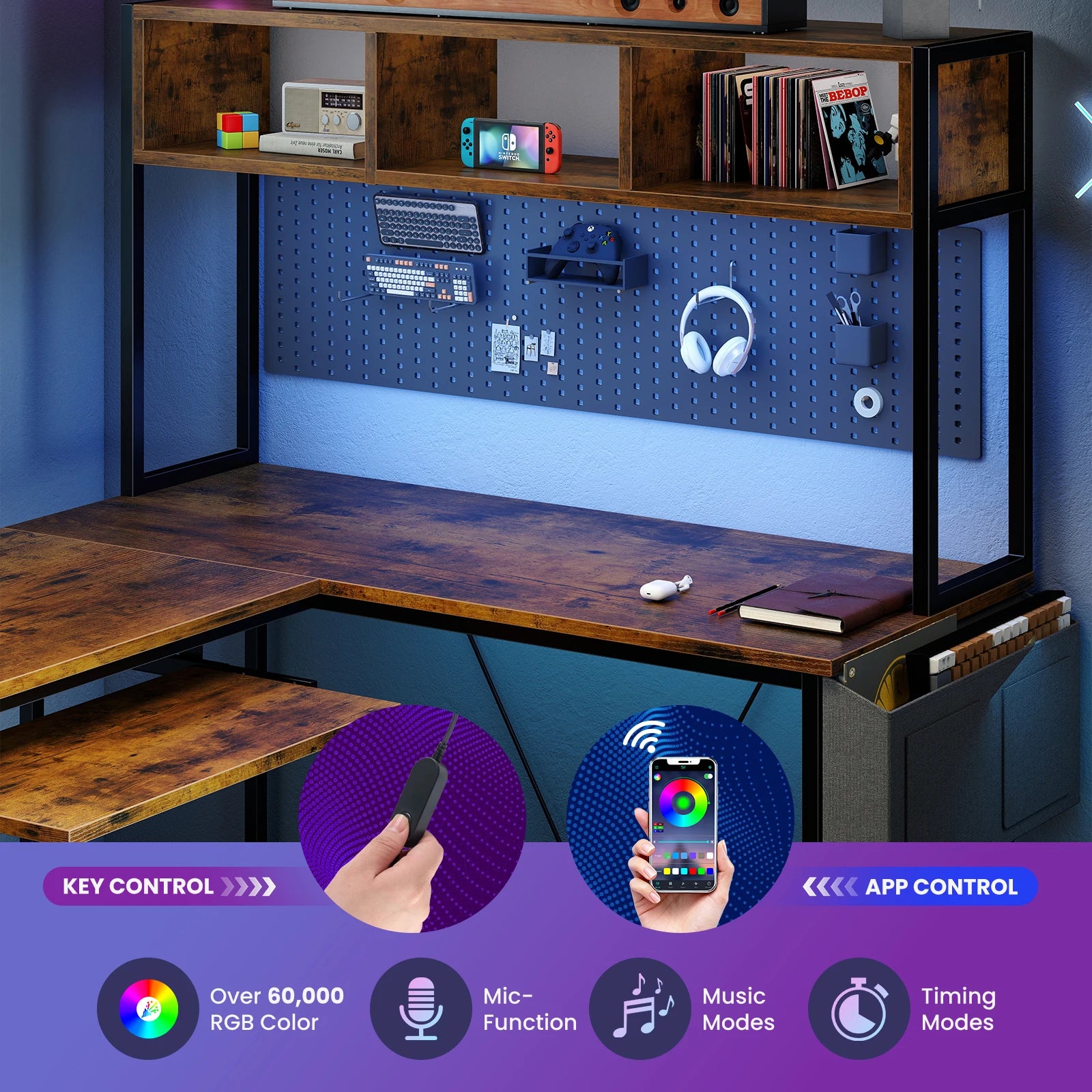 JHK 67-inch L-shaped gaming desk with wood top, black metal frame, space-saving design and pegboard panel