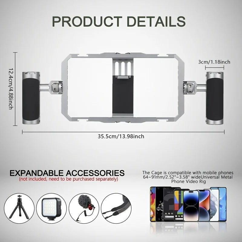 [Universal Phone Cage] Universal Smartphone Video Rig Kit with Handles | Handheld Filmmaking Stabilizer for Vlogging and Videography - Compatible with Most iPhone and Android Phones