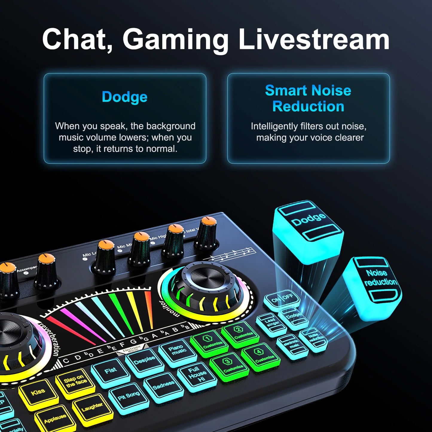 NXG Audio Mixer, Voice Changer, Noise Reduction, Lead Vocal Podcast Mixer Sound Card, 3.5Mm/6.35Mm Dynamic Microphone Audio Interface, for Pc/Phone Live Streaming Gaming Live Sound Card (Black)