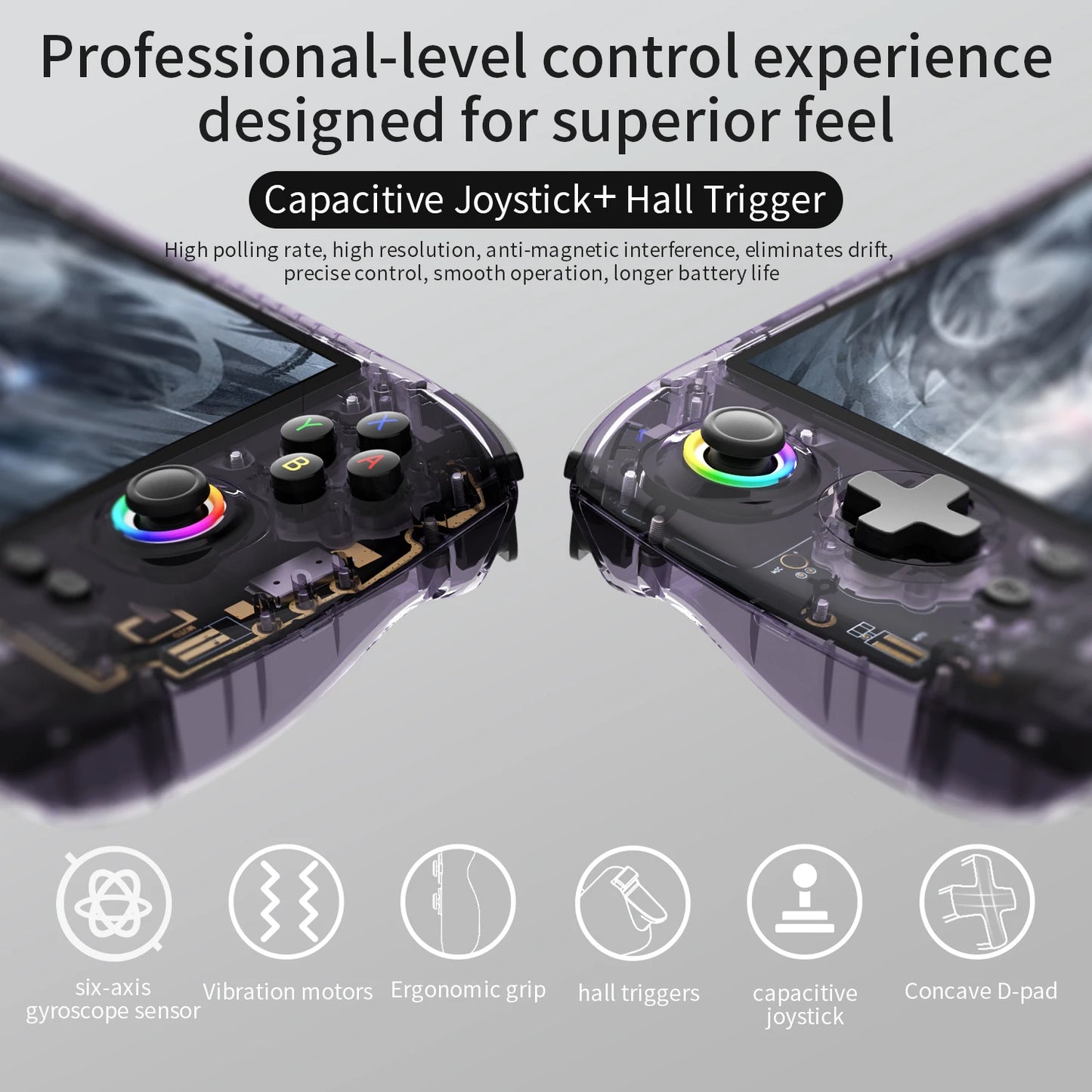 Two Anbernic RG557 handheld game consoles with AMOLED screens in transparent purple shells
