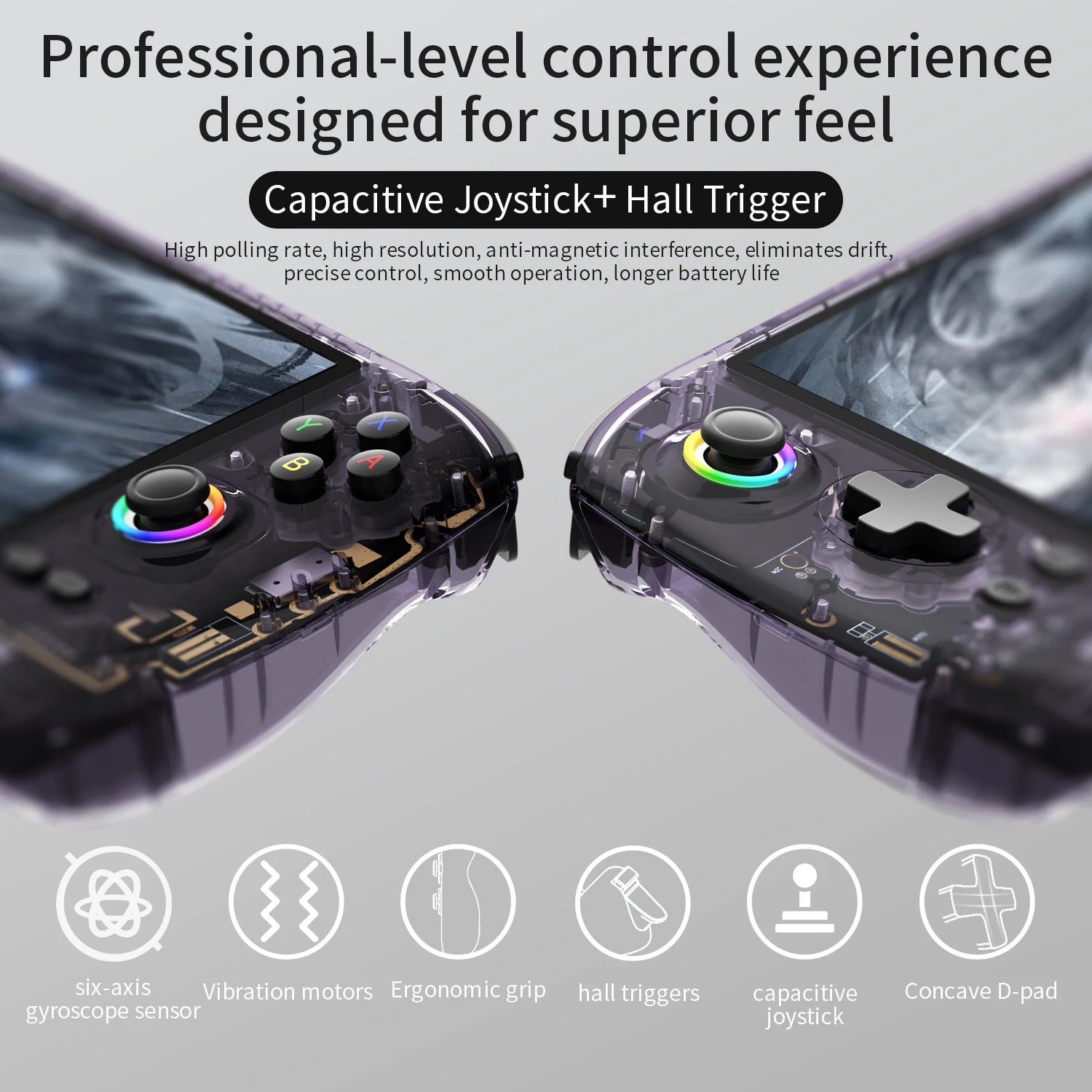 Two Anbernic RG557 handheld game consoles with AMOLED screens in transparent purple shells