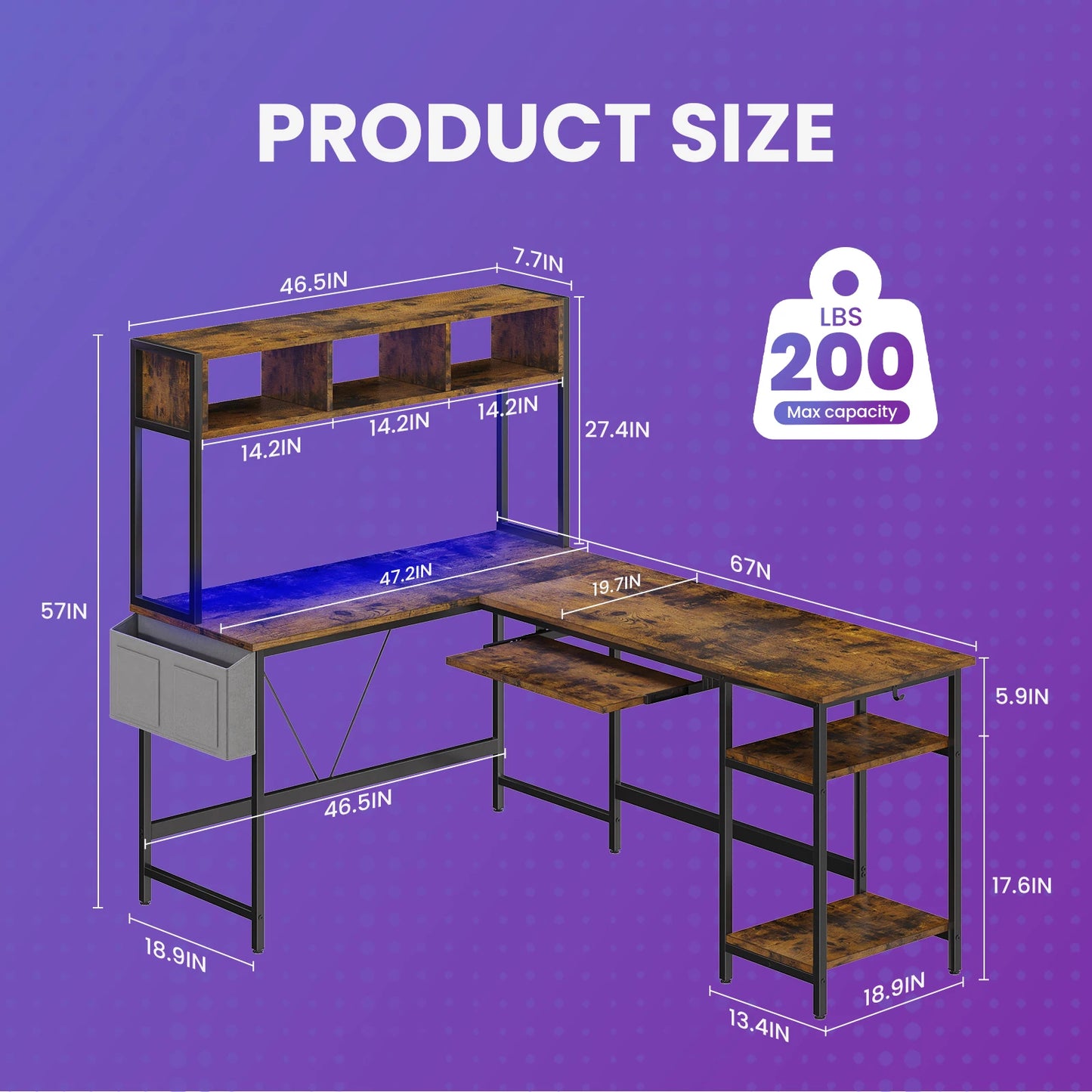 67-inch L-shaped gaming desk with wood finish, black metal frame, keyboard tray and storage shelf