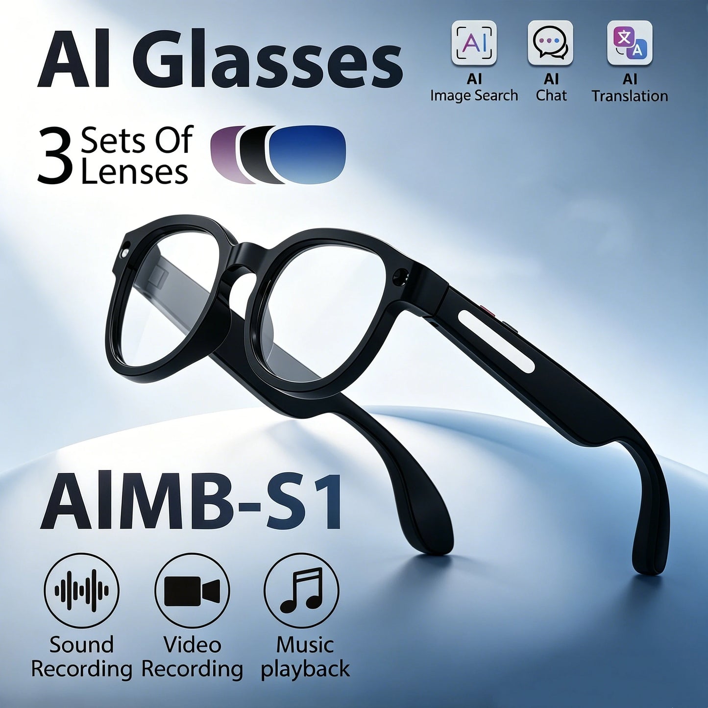Gemirels new generation of high-value smart glasses, dual cameras, AI image recognition glasses, 2.07 million pixel photography, WIFI transmission, intelligent anti shake, 290mAh battery, translation glasses, camera glasses,