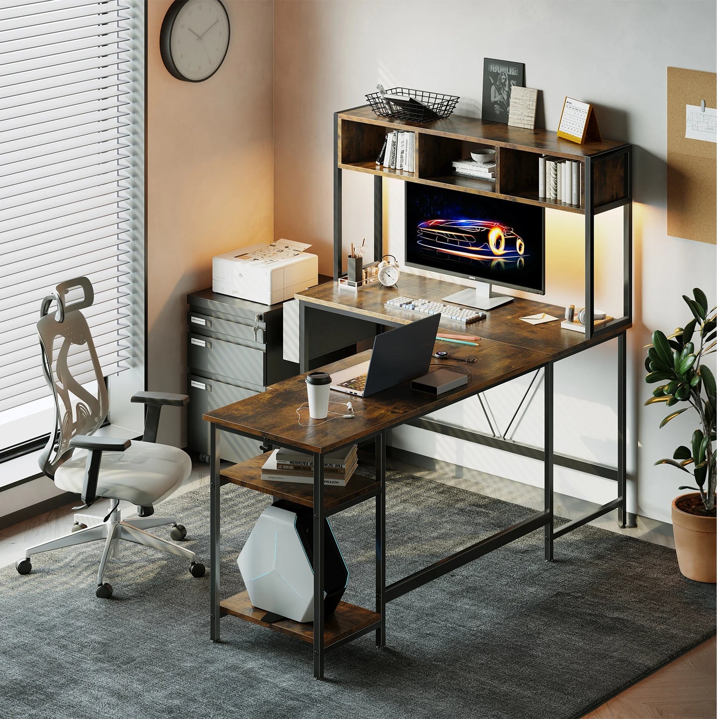 JHK 67-inch L-shaped gaming desk with wood-grain top, black metal frame, Dell monitor and upper storage shelf