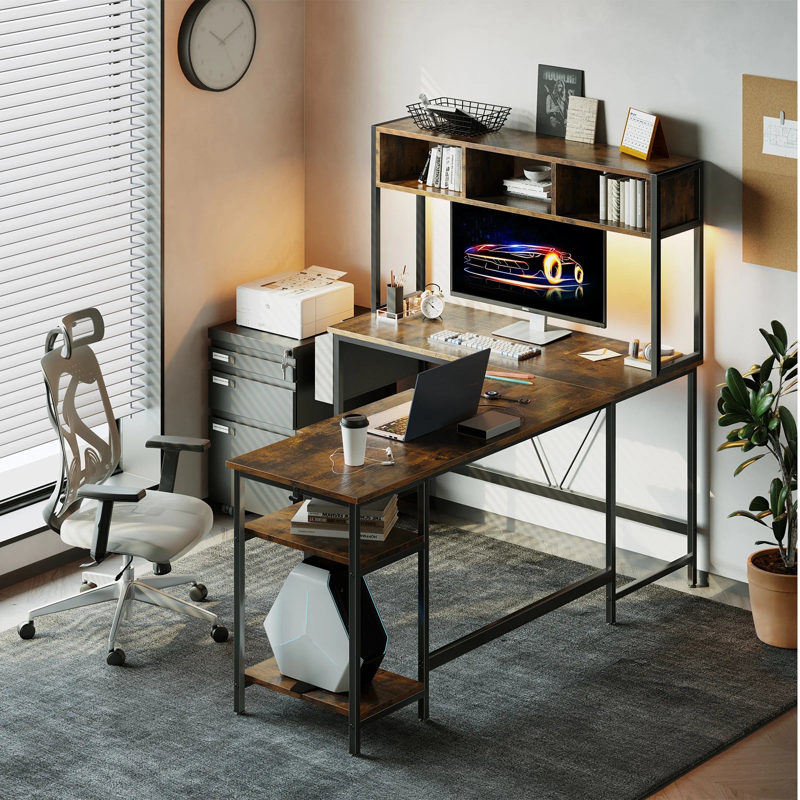 JHK 67-inch L-shaped gaming desk with wood-grain top, black metal frame, Dell monitor and upper storage shelf