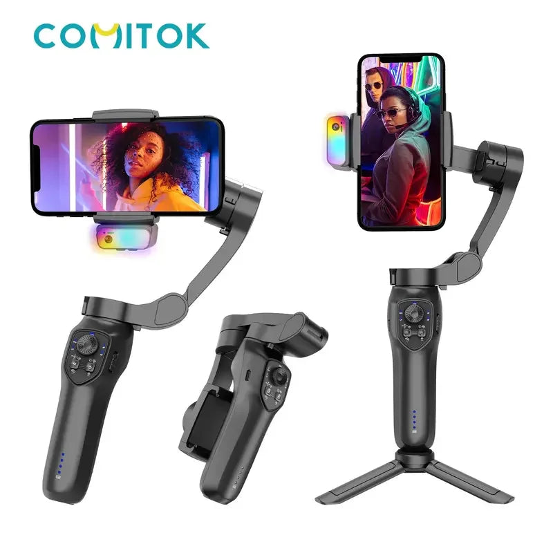 COMITOK L7C 3-Axis Smartphone Gimbal Stabilizer With AI Tracking Module & RGB Fill Light Version Foldable Portable with Face Object Tracking Compatible iPhone Android Anti-Shake Support Panorama Time-lapse Vlog Shooting