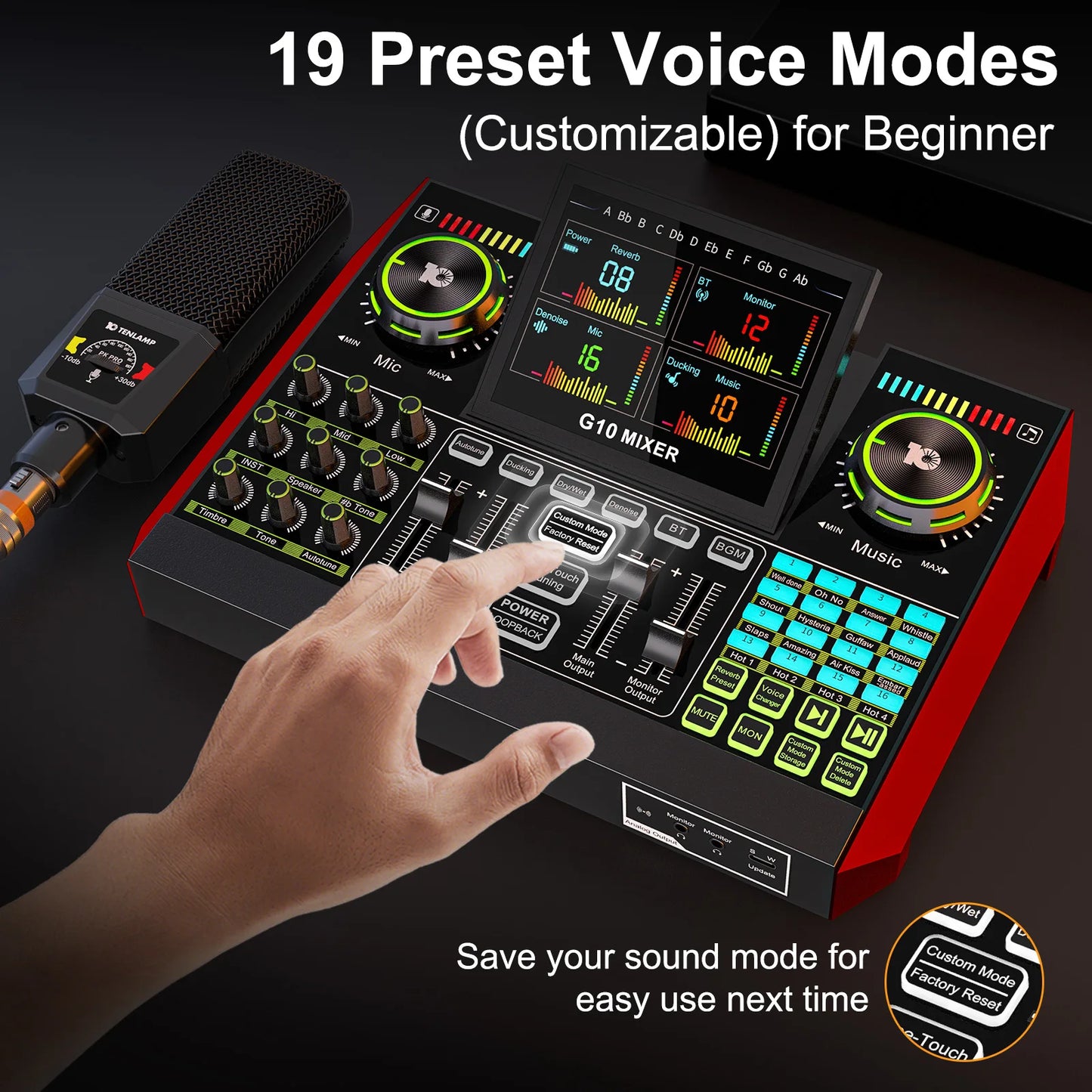 Tenlamp G10 PKPRO Live Sound Card with 6-Channel Mixer and RGB Lighting