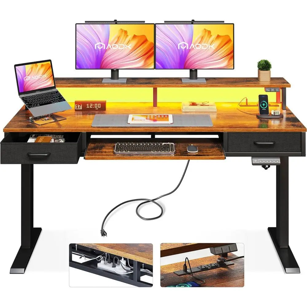 55 Height-Adjustable Standing Desk with Drawers, Keyboard Tray, Power Outlets, LED Lights, and Monitor Stand for Home or Office