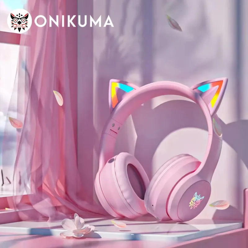 Onikuma B90 Pink Cat Ear Gaming Headset RGB Bluetooth 5.0 Foldable Wireless Headphones With HD Mic For PC Laptop Mobile Gaming **Ships from China**