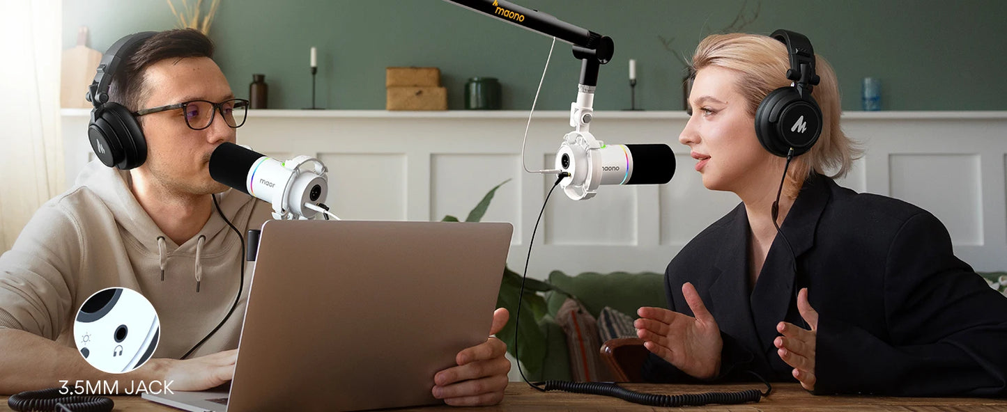 Maono PD200X dynamic RGB gaming microphone on a boom arm with USB/XLR dual-mode for a two-host setup