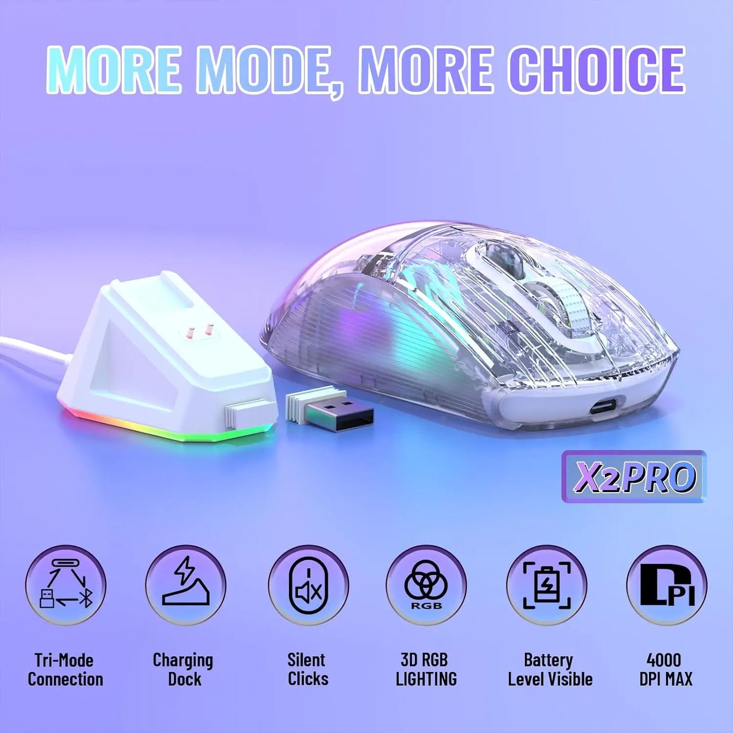 ATTACK SHARK X2Pro Wireless Gaming Mouse with RGB Charging Dock,Tri-Mode Mute Mouse RGB Backlit, Transparent Shell, PixArt 3212Available in Black or White