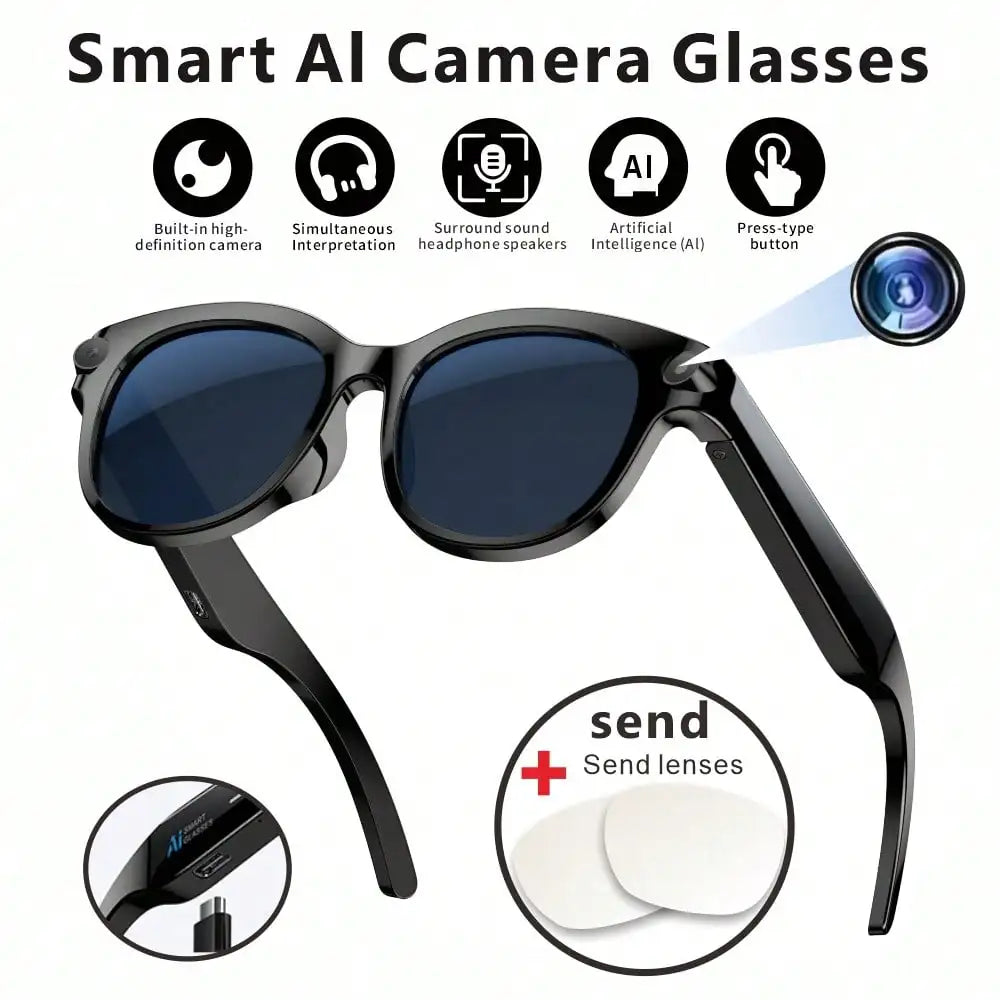 SENBONO New AI Smart Glasses for Men Women 2MP HD Camera 1080P 4K Video AI Voice Assistant Translator Music Playback Sunglasses