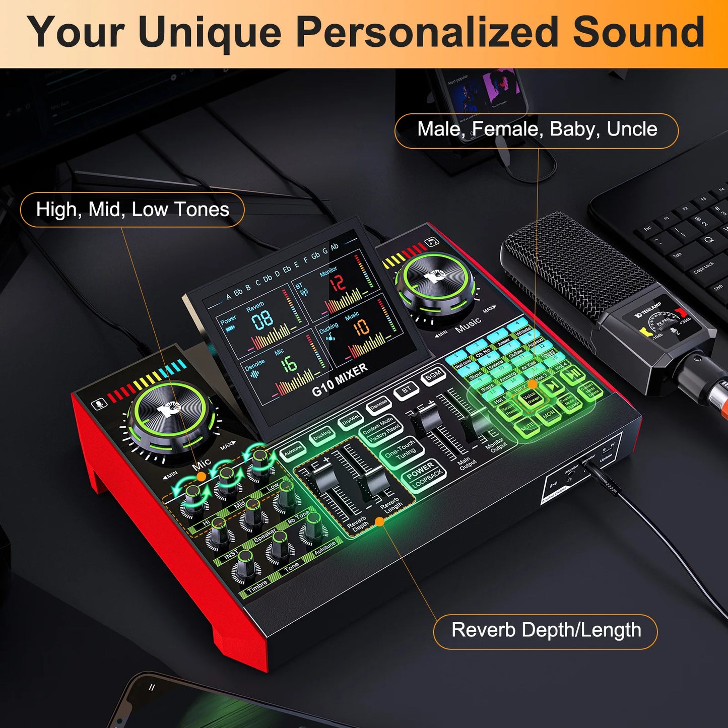 Tenlamp G10 PKPRO Live Sound Card with 6-Channel Mixer and RGB Lighting