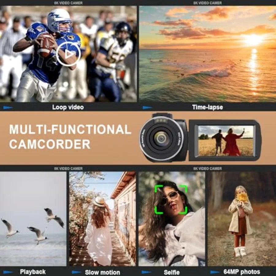 YouTube vlogging camera with 8K/64MP resolution, 18x digital zoom, IR night vision, WiFi, 3.0 touch screen, 32GB SD card, remot