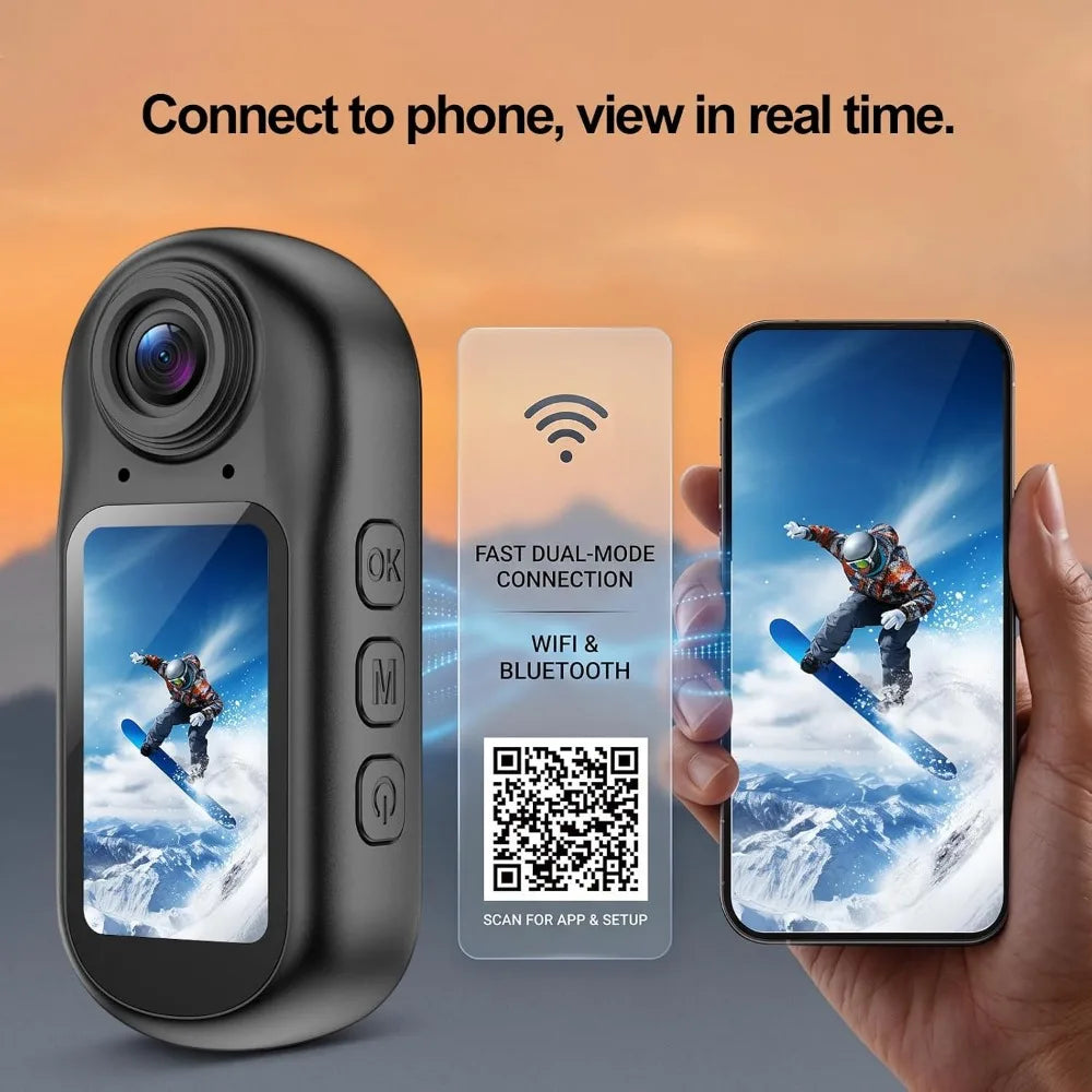 4K Body Camera, 1.5" Screen, 6-Axis Stabilization, WiFi/Bluetooth, Helmet/Sports POV Wearable