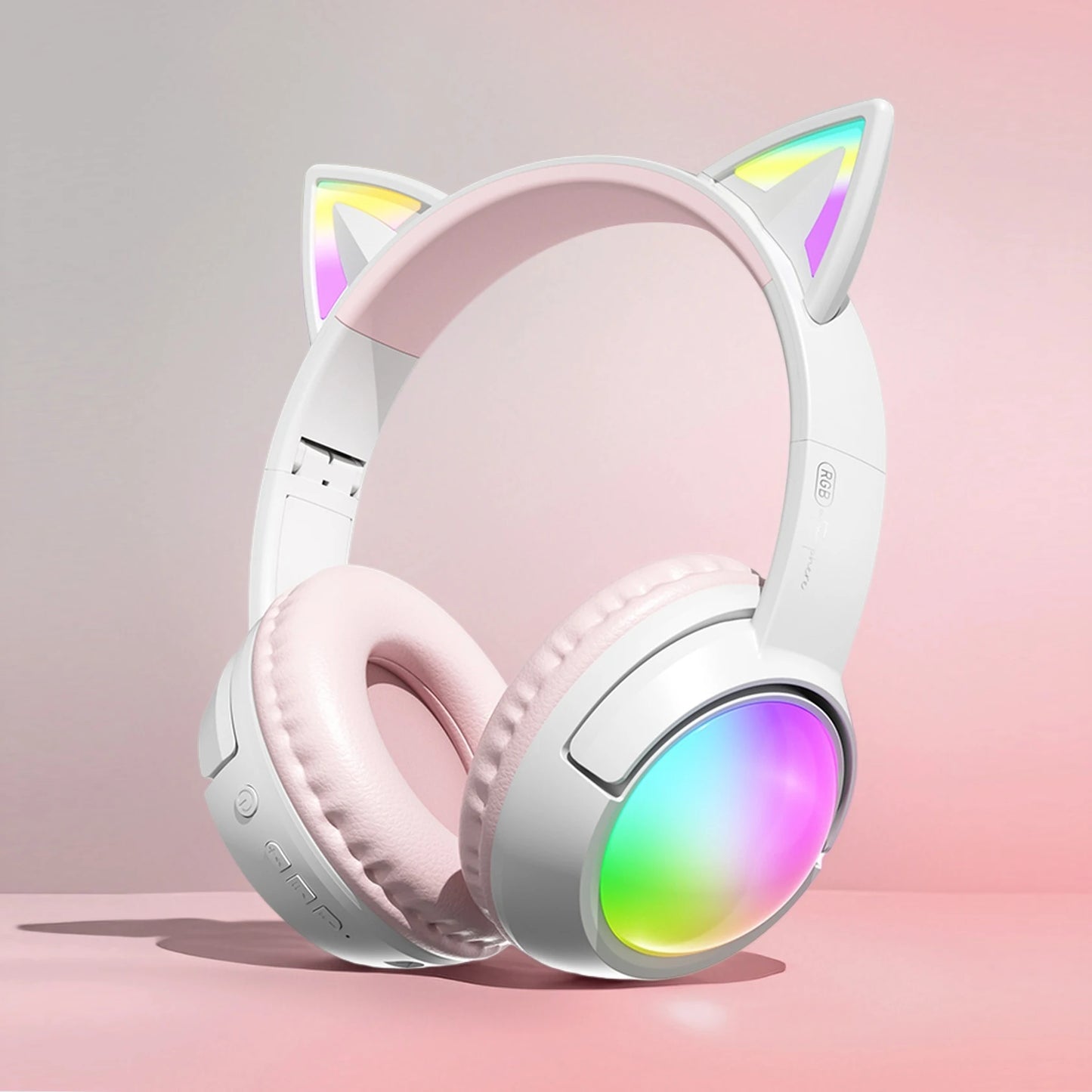Cute Cat Ear RGB Wireless Headphones, Bluetooth 5.4, 350mAh Battery, 20H Playtime, Foldable Over-Ear Headset with Mic, HiFi Sound Multiple Colors