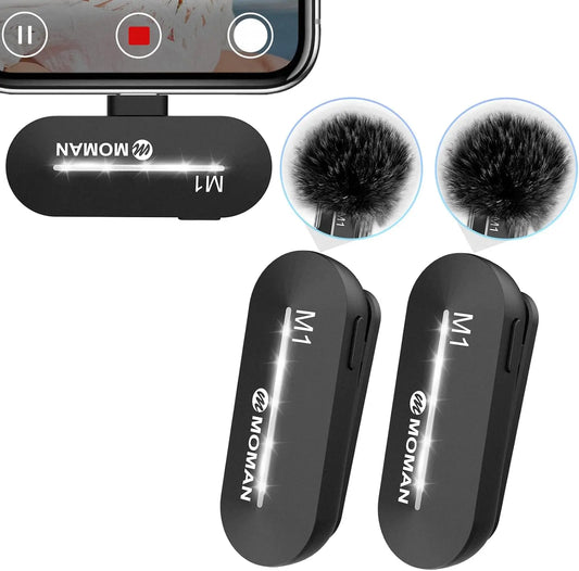 Moman Lavalier Wireless Microphone 2.4GHz Lightning and Type C for Phones Tablets Vlog Interview Tiktok YouTube